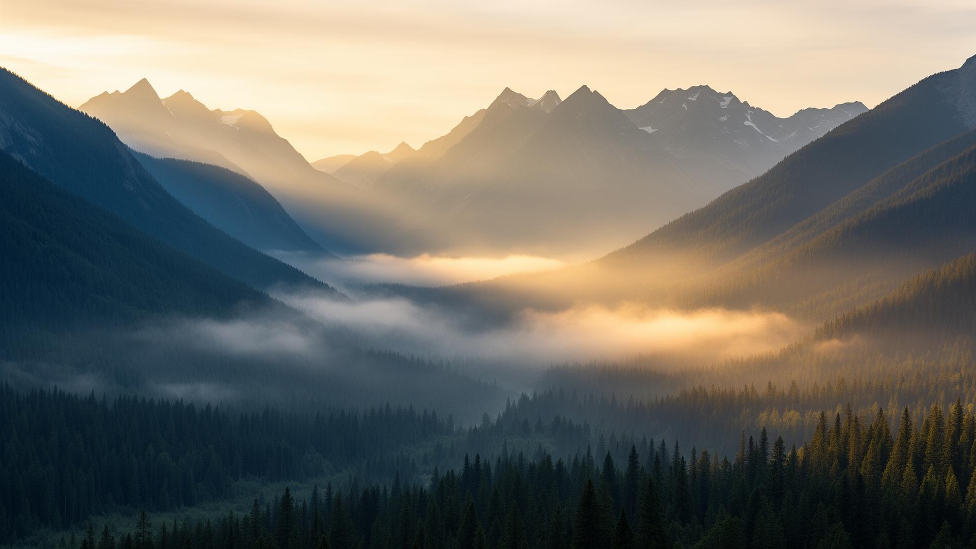Misty Kootenay mountains at golden hour